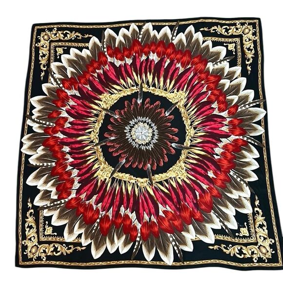 Echo Feather Pow Wow Silk Scarf Feather Pattern Red Taupe Black Gold Details - Picture 6 of 12